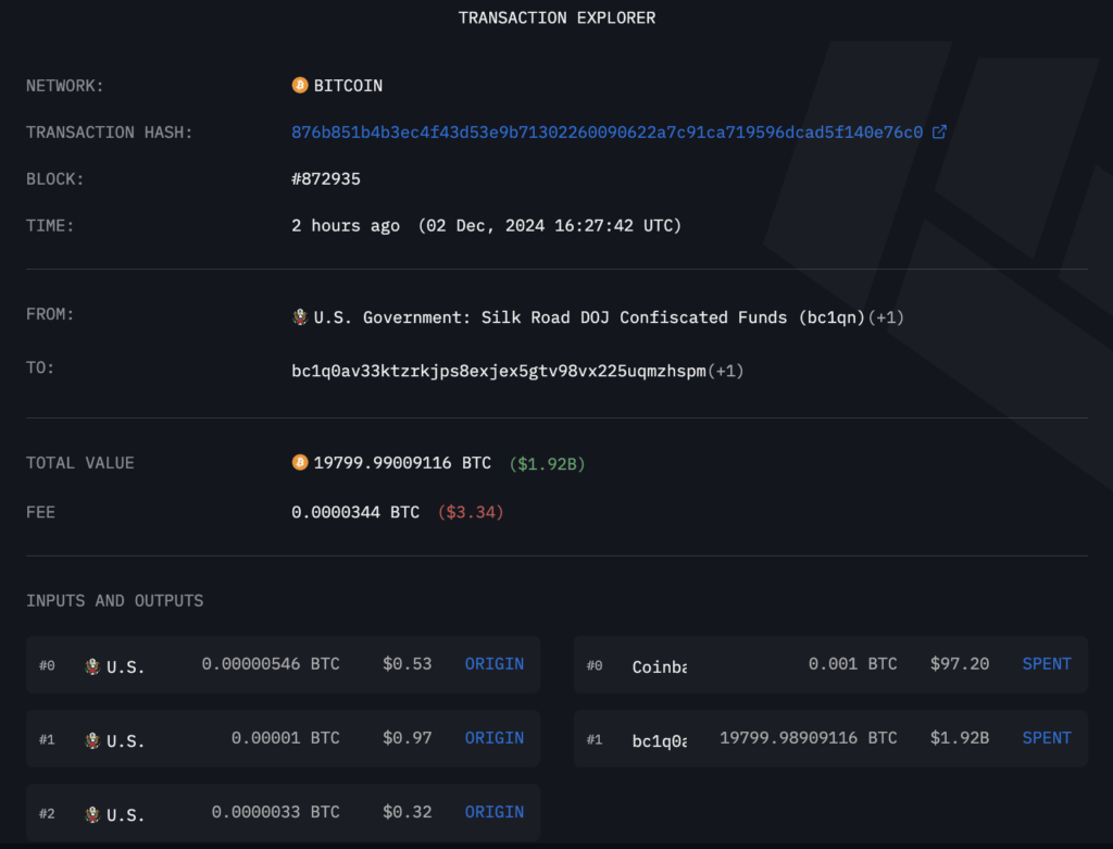 Blockchain data showing the US government transferring BTC to Coinbase Prime wallet. Source: Arkham Intelligence
