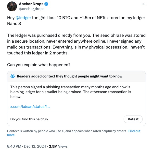 X user Anchor Drops claimed he lost 10 BTC and $1.5 million in NFTs stored on Ledger. Source: Anchor Drops

