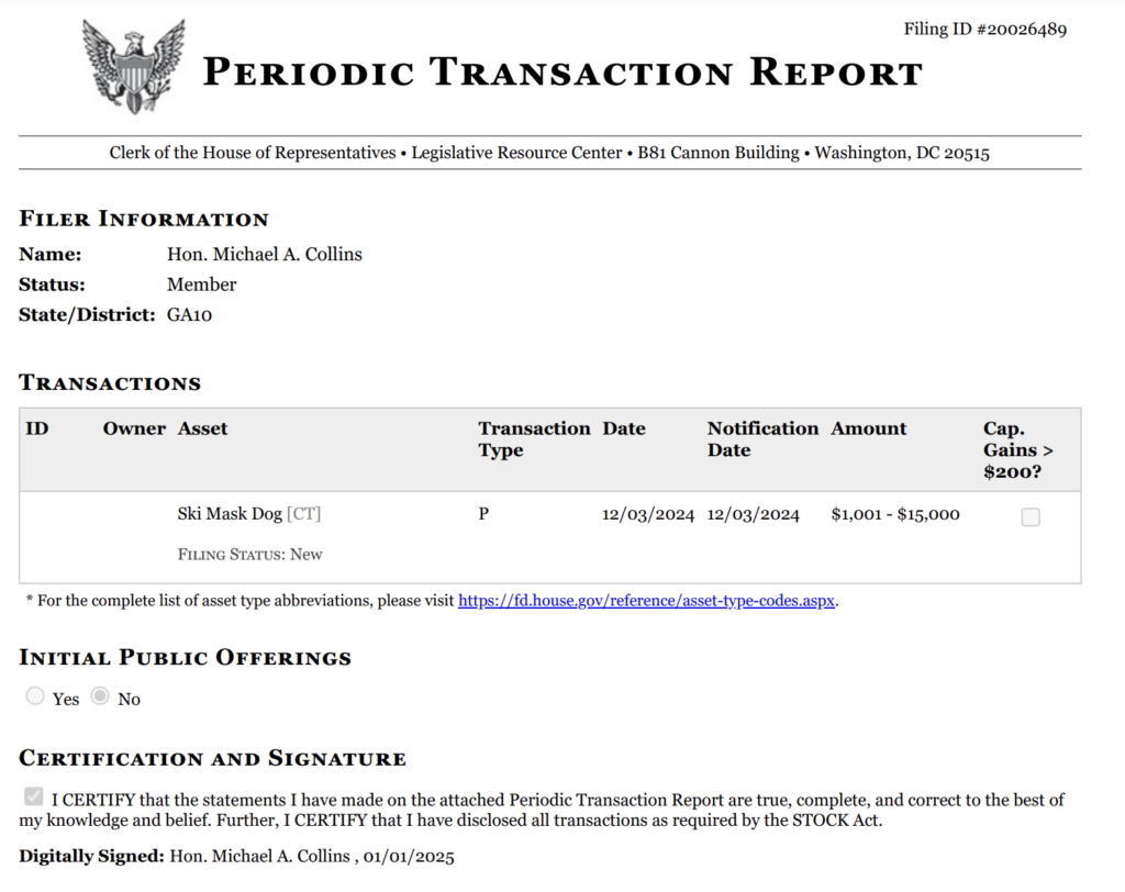 Rep. Mike Collins’ financial disclosure of Ski Mask Dog token. Source: US House of Representatives