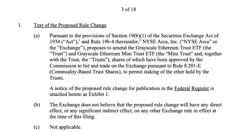 NYSE proposes to amend the Grayscale Ethereum Trust ETF and Grayscale Mini Trust ETF to permit staking. Source: NYSE