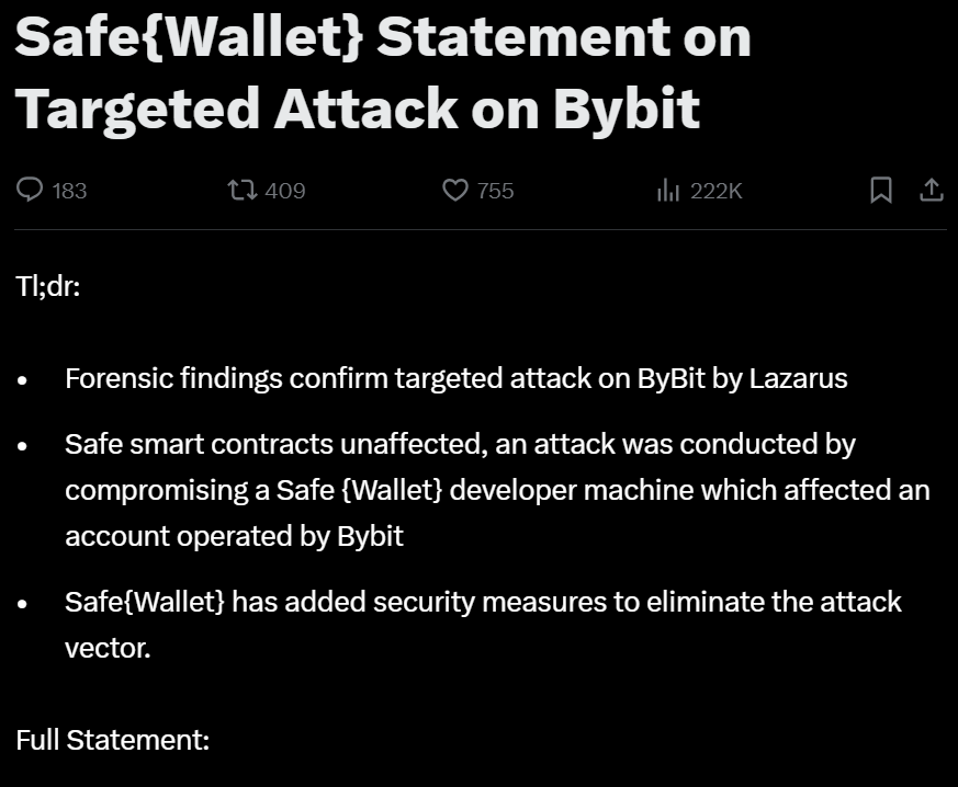 The SafeWallet team issues a full statement on social media. Source: Safe

