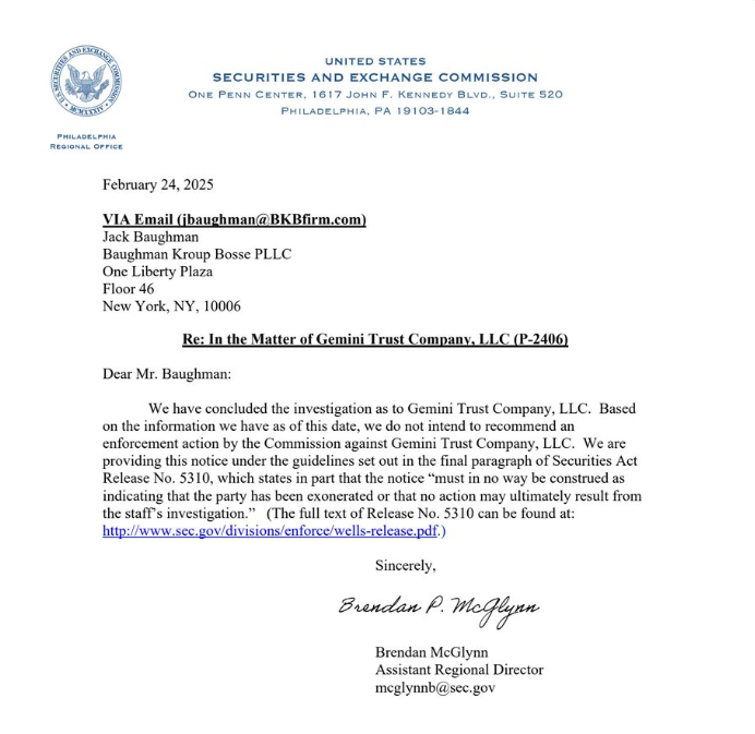 The SEC has opted not to proceed with an enforcement action against crypto exchange Gemini. Source: Cameron Winklevoss

