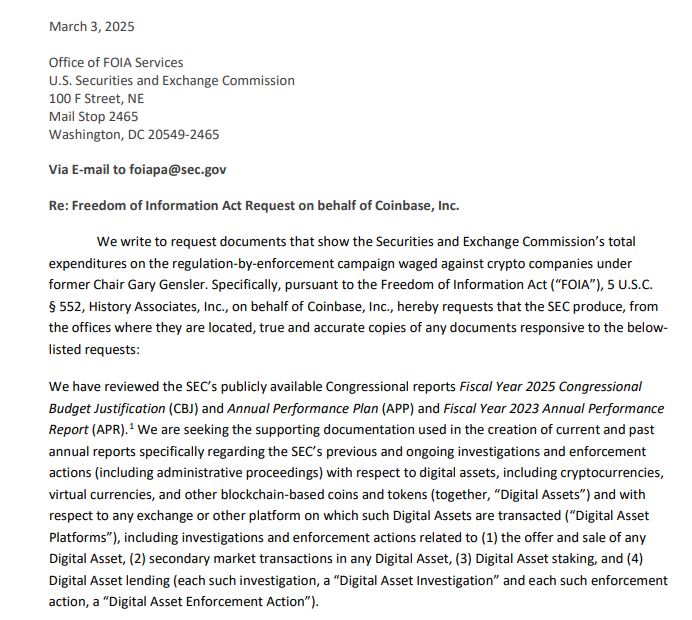 Coinbase wants to know how many employees worked on the SEC’s enforcement actions against crypto exchanges and how much it cost taxpayers.