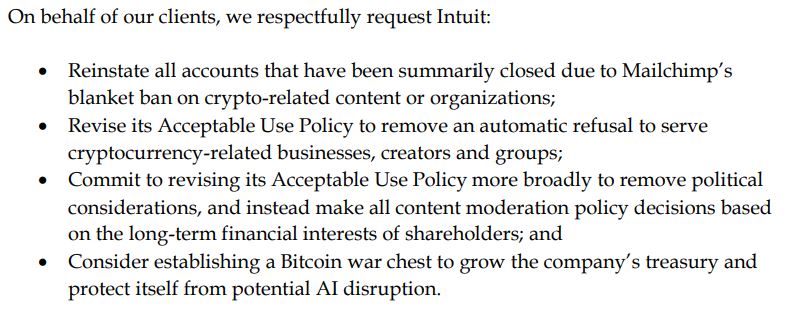 An excerpt from Matt Cole’s letter urging Intuit to consider adding Bitcoin to its balance sheet, among other suggestions. Source: Strive Asset Management 

