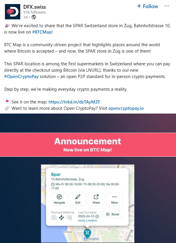Spar in Zug adopts Bitcoin payment, announcement. Source: DFX Swiss
