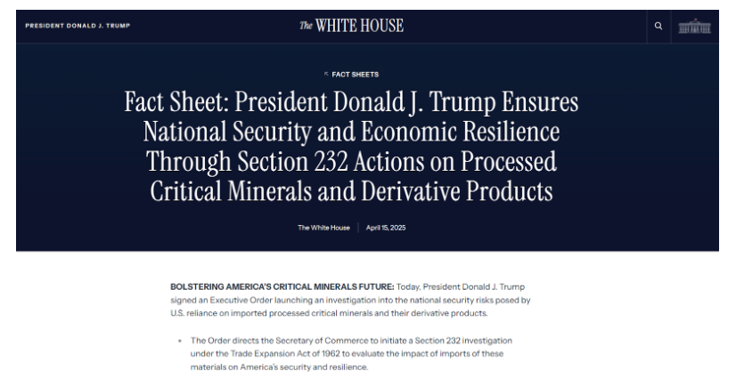 Fact sheet on tariffs, investigation into security risks posed by US reliance on imports. Source: White House