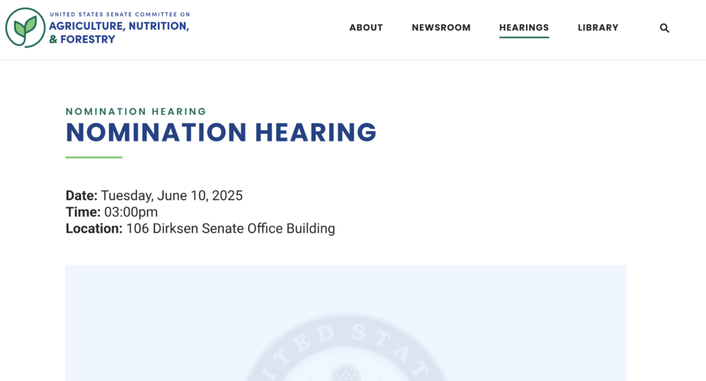 Quintenz Senate hearing scheduled for 3:00 pm on June 10. Source: US Senate
