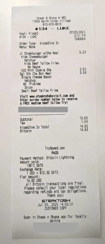 Receipt from a Florida Steak & Shake on July 3, 2025, using the Bitcoin Lightning payment method. Source: British Blockchain Association

