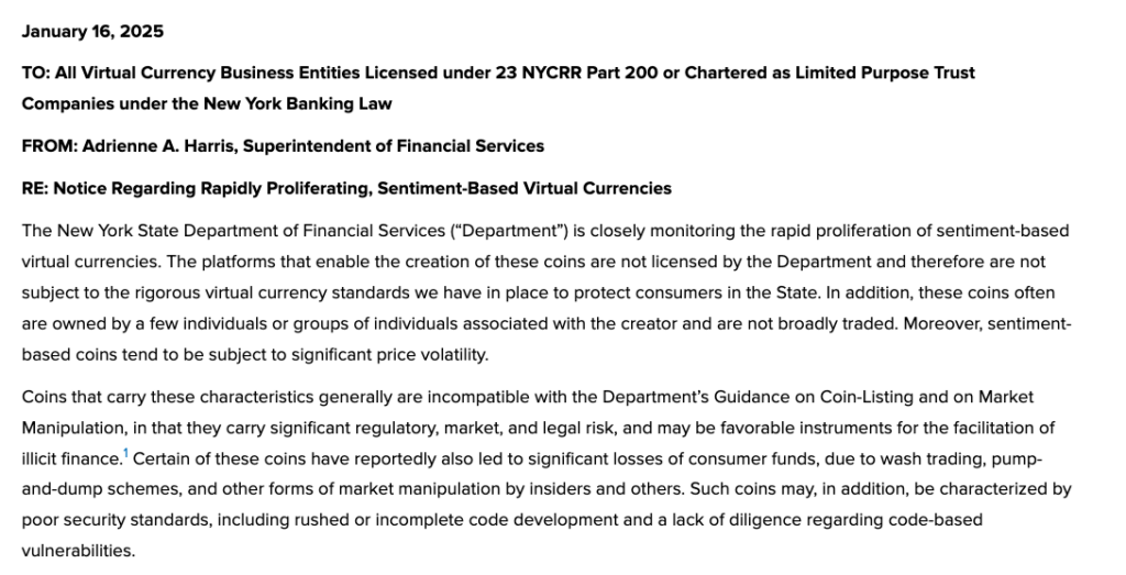 An excerpt from a warning against memecoins by the NYDFS in January. Source: NYDFS
