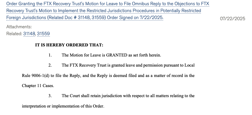 FTX bankruptcy docket info and an excerpt from the court’s approval of the Motion for Leave. Source: Kroll
