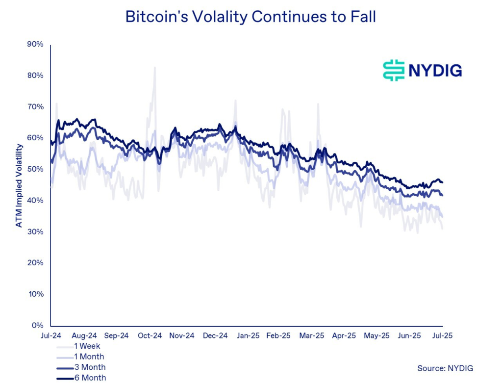 Bitcoin’s volatility has been on the decline over the past 12 months. Source: NYDIG