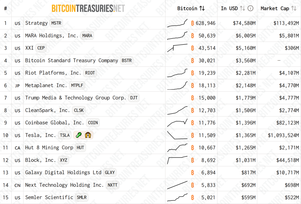 Top 15 Bitcoin treasury companies. Source: BitcoinTreasuries.NET