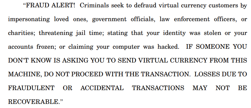 The text of the warning proposed under the bill, which would be displayed on crypto ATMs if passed. Source: Wisconsin Legislature