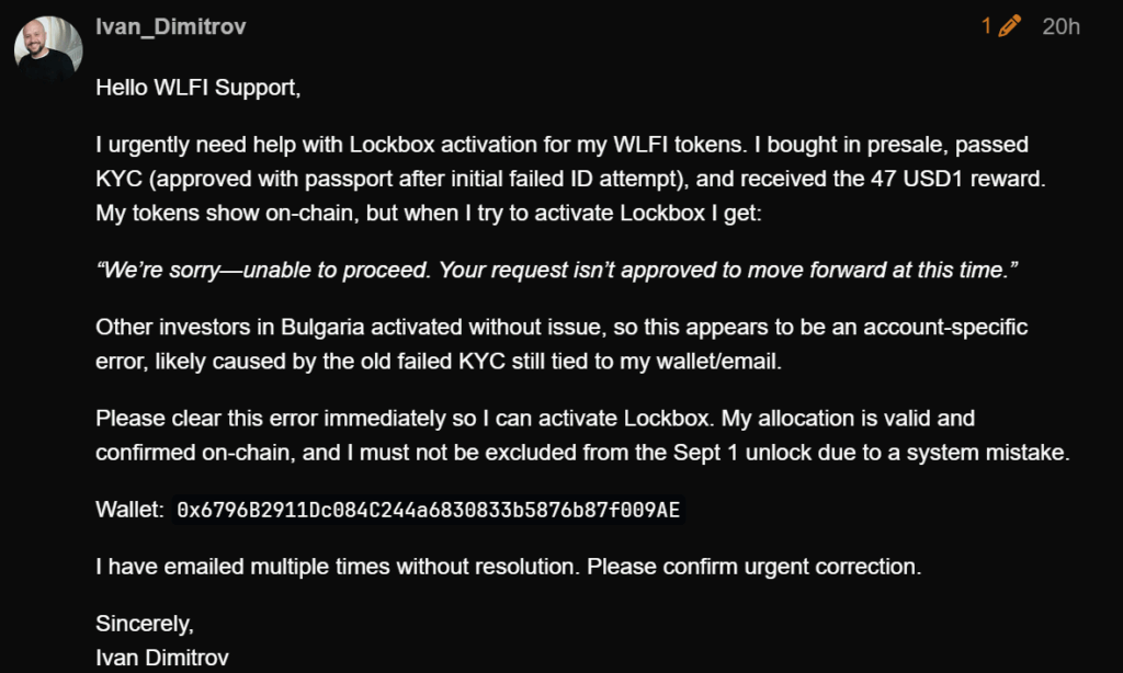 Lockbox activation for WLFI tokens. | Source: WLF Governance Forum
