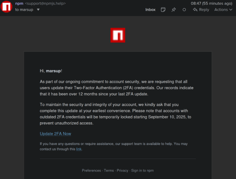 This phishing email lured a developer into logging in at a fake NPM website. | Source: Krebs on Security

Supply Chain Attack
