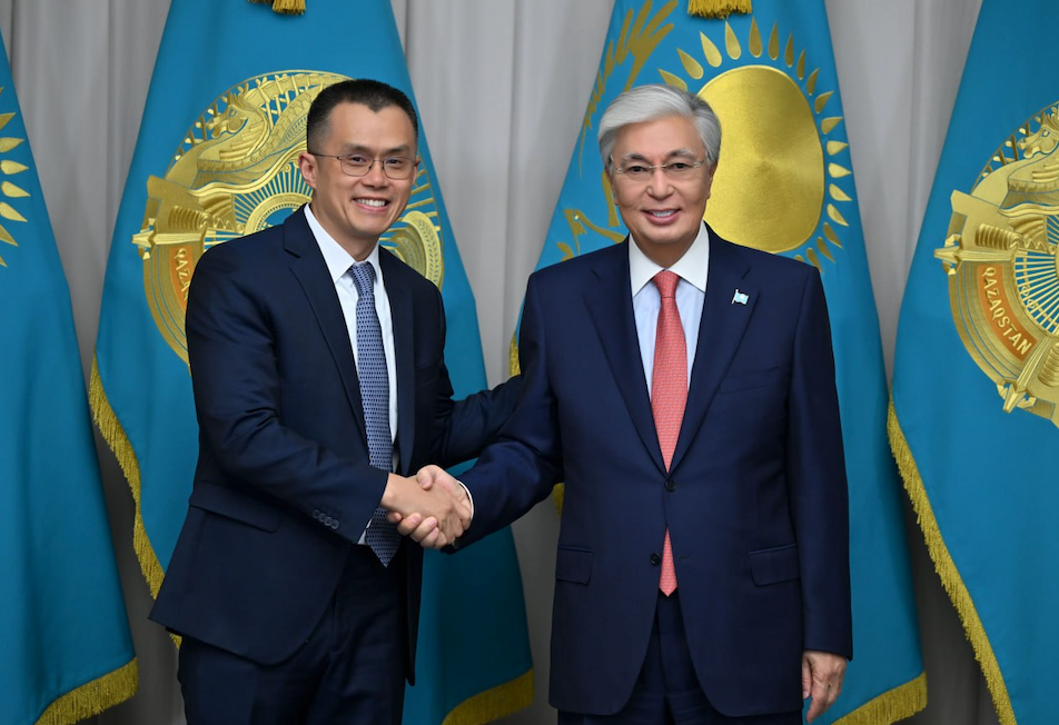 Kazakhstan’s President Kassym-Jomart Tokayev (right) met with former Binance CEO Changpeng Zhao on Thursday. Source: Press office of the President of Kazakhstan