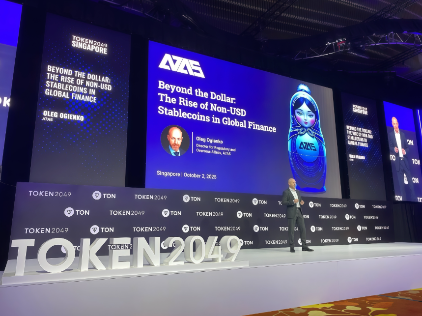 Oleg Ogienko, A7A5’s director of international development, took the stage at Token2049 in October. Source: A7A5
