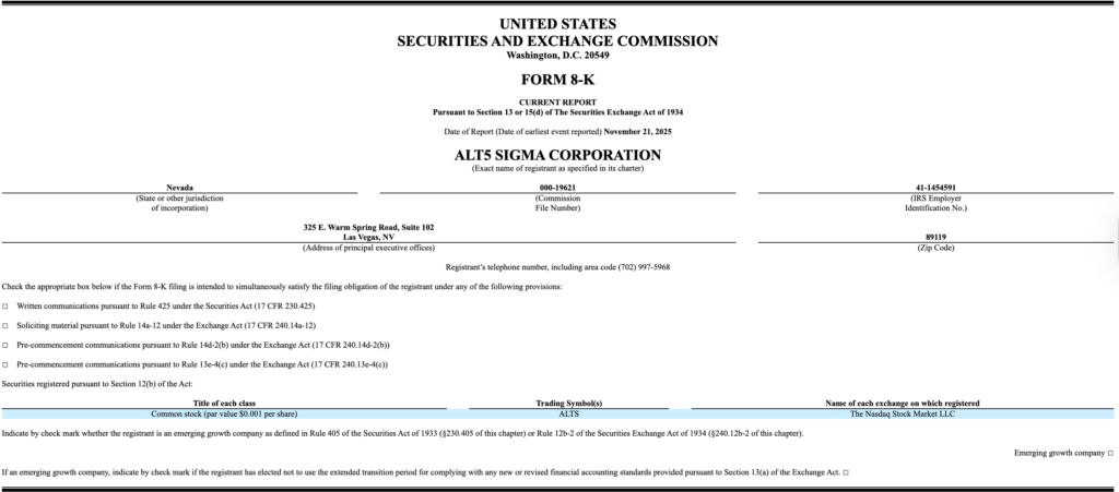 ALT5 Sigma discloses the leadership shakeup in a recent SEC filing. Source: SEC
