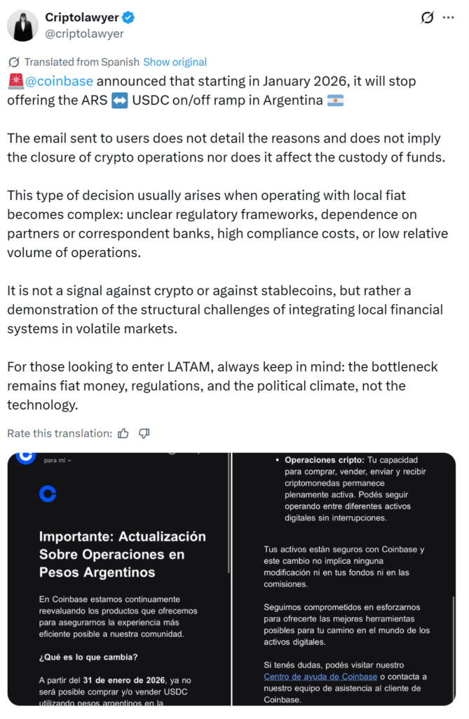 Coinbase pauses fiat rails in Argentina. Source: Ana Gabriela Ojeda
