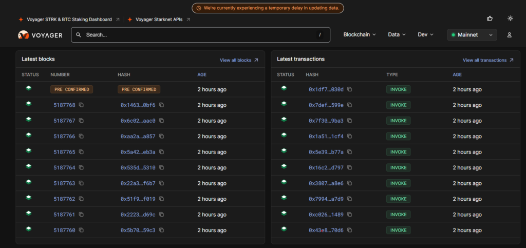 Starknet mainnet is down. Source: Voyager Online