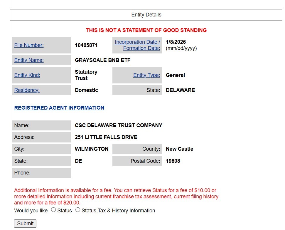 Grayscale BNB ETF registration. Source: Delaware.gov
