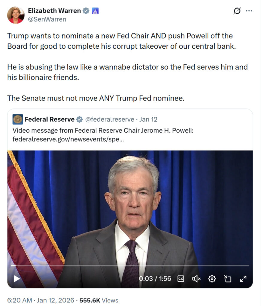 Senator Warren criticizes Trump for targeting Powell. Source: Elizabeth Warren
