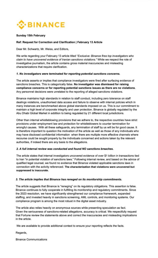 Binance’s response to Fortune report. Source: Richard Teng