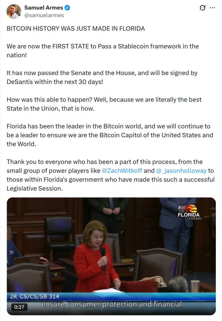 Florida Senate passes stablecoin bill. Source: Samuel Armes
